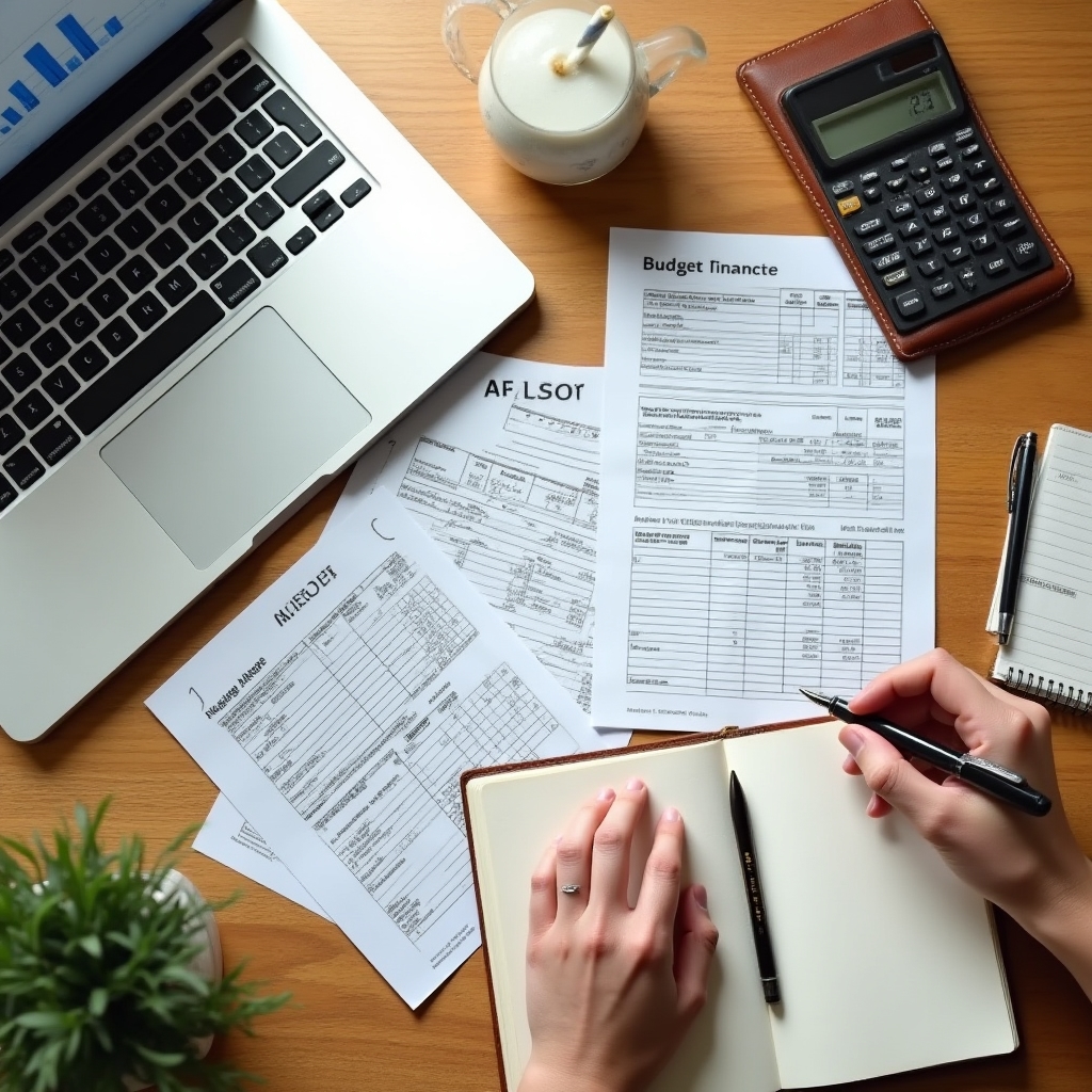 Person organising financial documents and budget spreadsheets on a desk