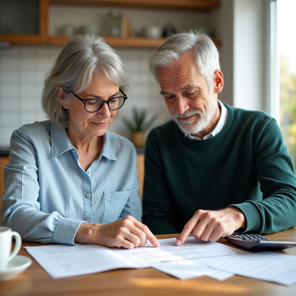 Couple sitting at a table reviewing retirement documents together