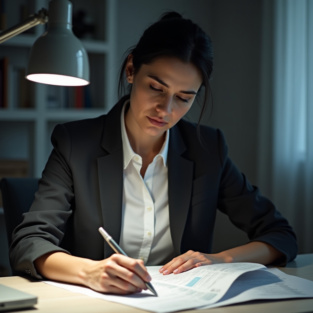Person reviewing financial documents alone after separation