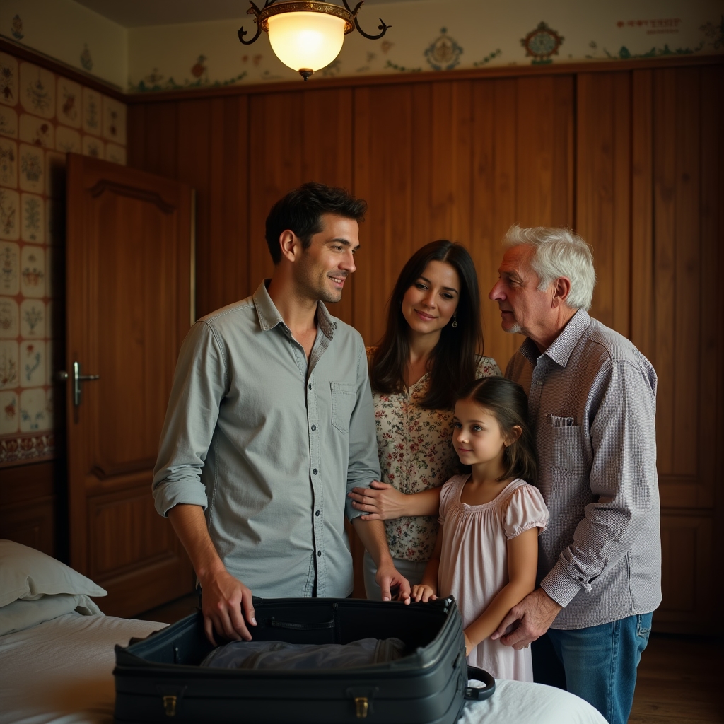 Young adult packing bags while family gathers to say farewell