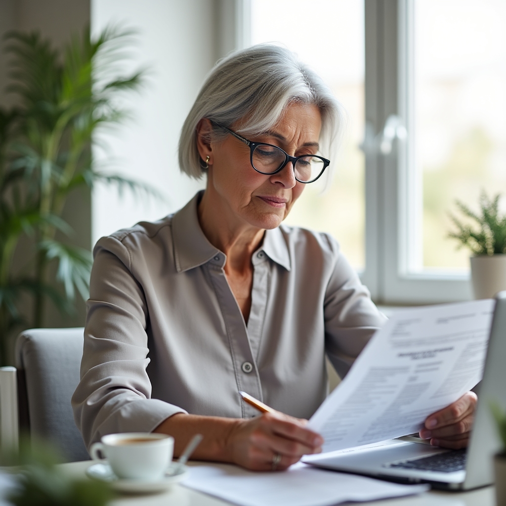 Senior person reviewing pension documents at a bright home office desk