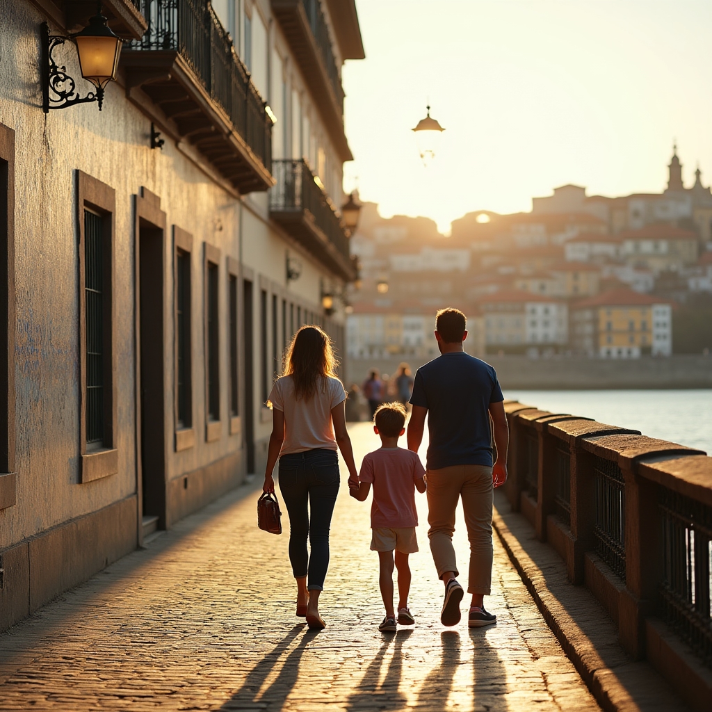 Aerial view of Porto city streets with families walking