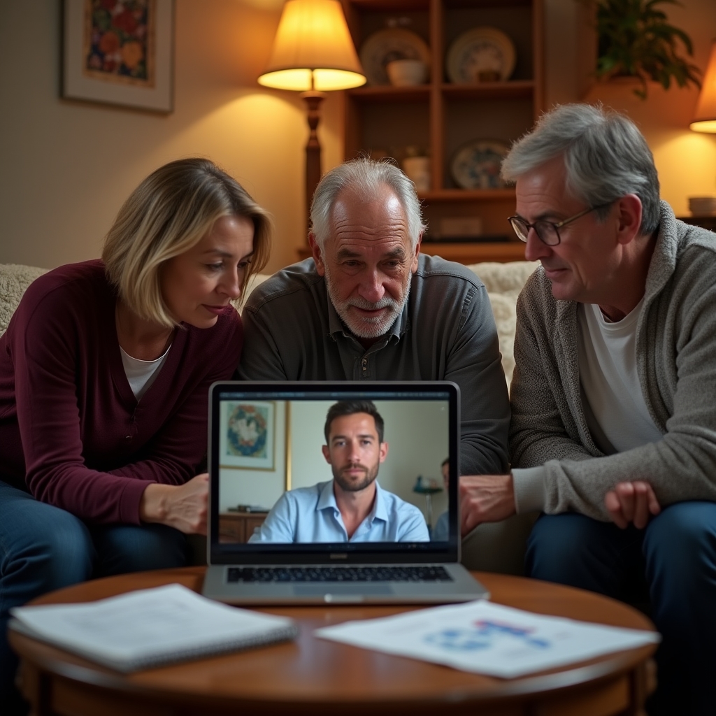 Family video calling abroad while reviewing shared financial documents