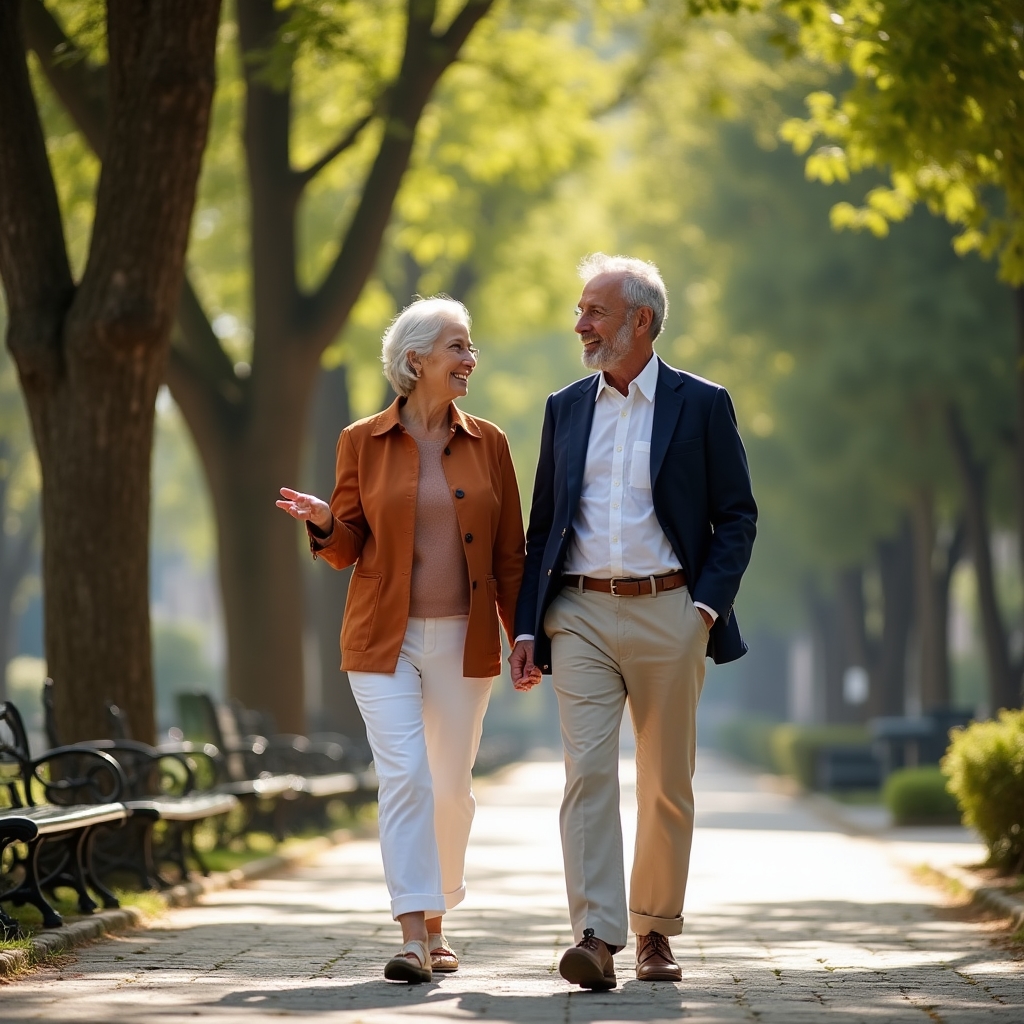 Older couple walking in a park discussing retirement plans